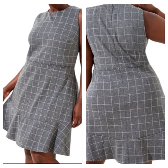 LOFT Plus Windowpane Plaid Sleeveless Ruffle Flouce Hem Shift Dress Academia 16 - Picture 10 of 11